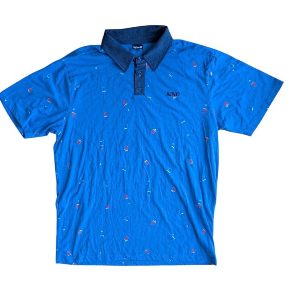 Hurley Polo Shirt Short Sleeve Blue Red Solo Cup Beer Pong Print Lg Frat Party